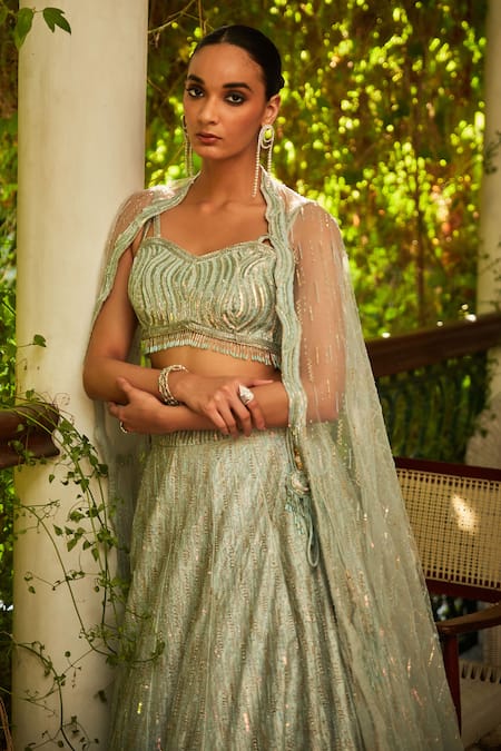Bohame Blue Silk, Chiffon Crystals, Cut Work Mint Cutdana Embroidered Lehenga Set at Aza Fashions Bohame_Blue Silk, Chiffon Crystals, Cut Work Mint Cutdana Embroidered Lehenga Set _at_Aza_Fashions