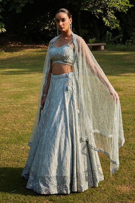 Buy Bohame Blue Silk, Chiffon Crystals, Cut Work Mint Cutdana Embroidered Lehenga Set Buy_Bohame_Blue Silk, Chiffon Crystals, Cut Work Mint Cutdana Embroidered Lehenga Set