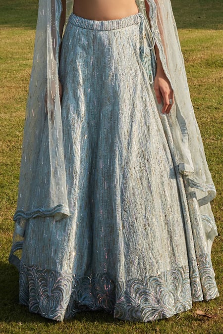 Shop Bohame Blue Silk, Chiffon Crystals, Cut Work Mint Cutdana Embroidered Lehenga Set Shop_Bohame_Blue Silk, Chiffon Crystals, Cut Work Mint Cutdana Embroidered Lehenga Set