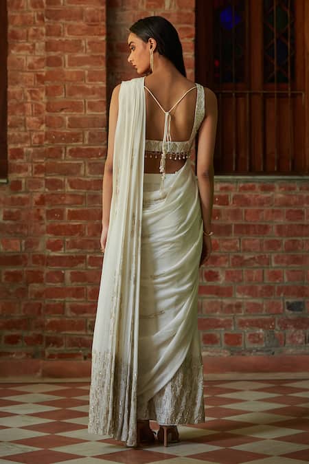 Bohame Geometric Embroidered Pre-Draped Saree Set 