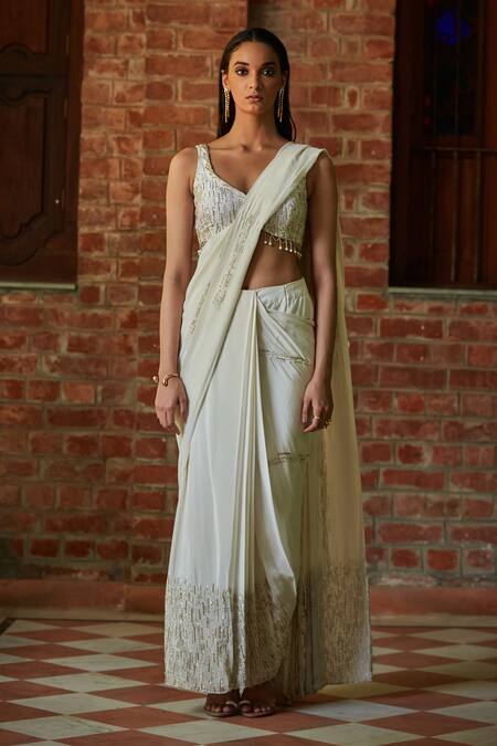 Bohame_Off White Cotton, Crepe Embroidery Plunge Neck Geometric Pre-draped Saree Set _at_Aza_Fashions