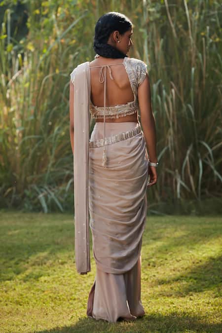 Bohame Beige Pre-Draped Saree With Embroidered Blouse 