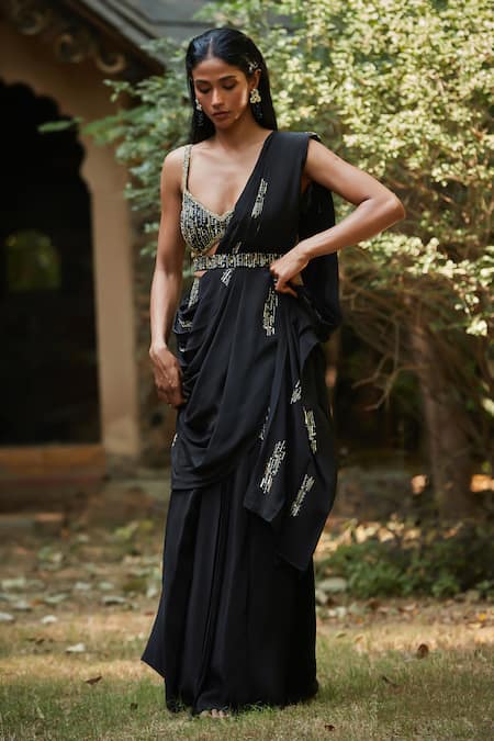 Bohame Black Embroidered Pre-Draped Saree Set 