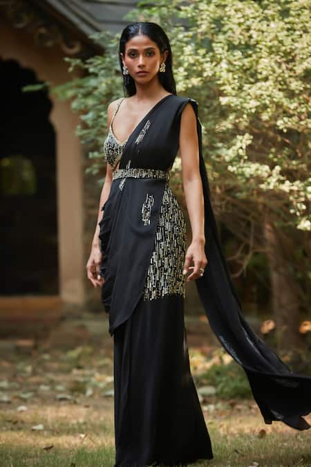 Bohame_Black Satin, Chiffon Cut Work, Embroidery Sweetheart Neck Pre-draped Saree Set _Online_at_Aza_Fashions