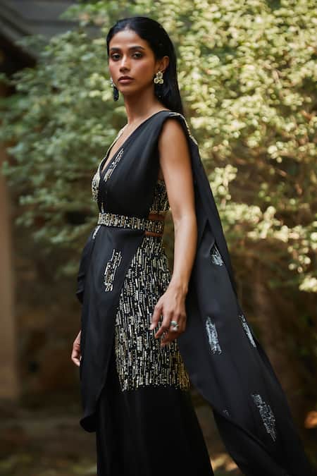 Buy_Bohame_Black Satin, Chiffon Cut Work, Embroidery Sweetheart Neck Pre-draped Saree Set _Online_at_Aza_Fashions