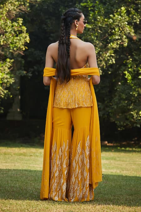 Bohame Geometric Botanical Embroidered Kurta Gharara Set 