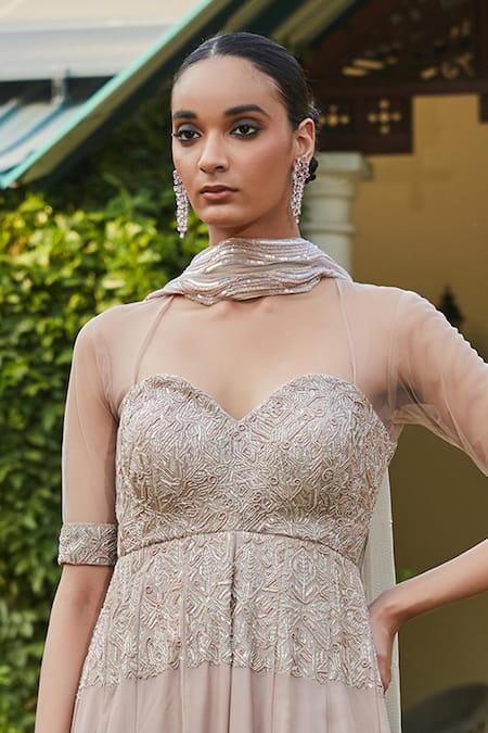 Bohame_Gold Georgette Beads Sweetheart Neck Geometric Embroidered Anarkali Set _Online_at_Aza_Fashions