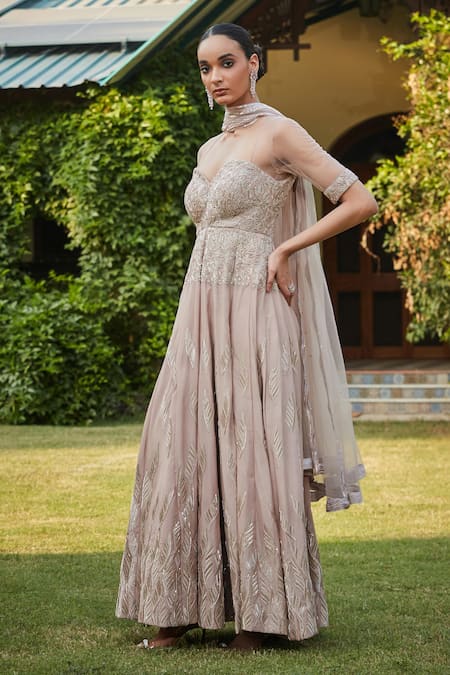 Buy_Bohame_Gold Georgette Beads Sweetheart Neck Geometric Embroidered Anarkali Set _Online_at_Aza_Fashions