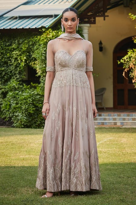 Shop_Bohame_Gold Georgette Beads Sweetheart Neck Geometric Embroidered Anarkali Set _Online_at_Aza_Fashions