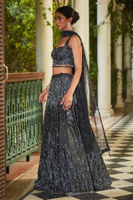 Buy_Bohame_Black Silk Crystals, Embroidery Sweetheart Neck Cutdana Lehenga Set _Online_at_Aza_Fashions