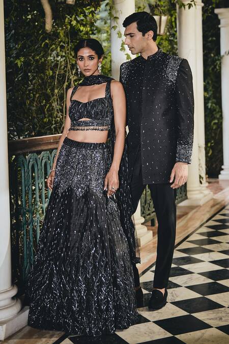 Shop_Bohame_Black Silk Crystals, Embroidery Sweetheart Neck Cutdana Lehenga Set 