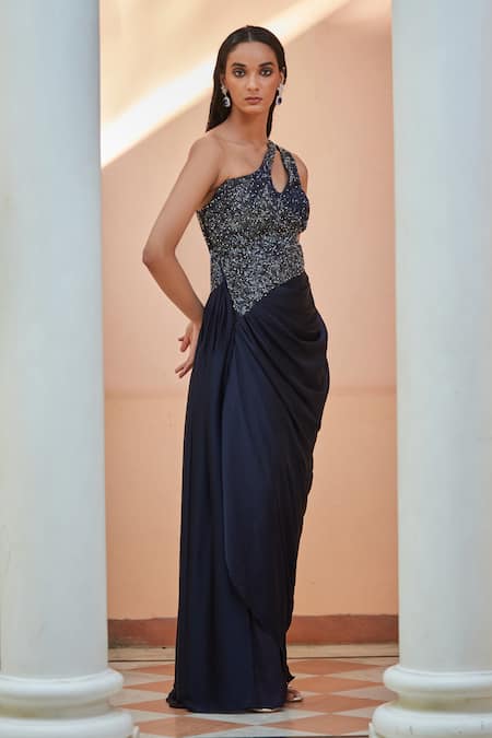 Bohame_Black Satin, Chiffon Cut Work Asymmetric One Shoulder Embroidered Gown _at_Aza_Fashions