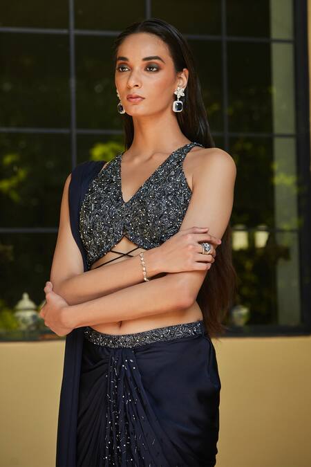 Shop_Bohame_Blue Satin, Chiffon Cut Work, Sequins, Beads Embroidered Concept Saree And Blouse _Online_at_Aza_Fashions