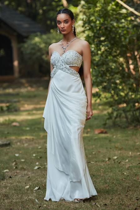 Buy_Bohame_Off White Crepe Cut Work, Beads Sweetheart Geometric Embroidered Saree Gown _Online_at_Aza_Fashions