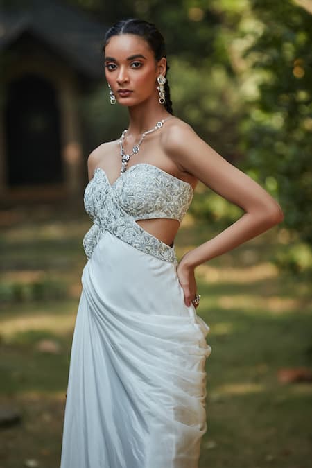 Shop_Bohame_Off White Crepe Cut Work, Beads Sweetheart Geometric Embroidered Saree Gown _Online_at_Aza_Fashions