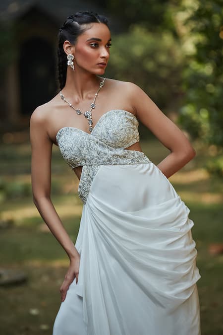 Bohame_Off White Crepe Cut Work, Beads Sweetheart Geometric Embroidered Saree Gown _at_Aza_Fashions
