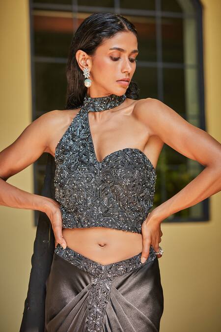 Buy_Bohame_Black Satin, Chiffon Cut Work, Sequins, Embroidered Draped Blouse And Skirt Set _Online_at_Aza_Fashions