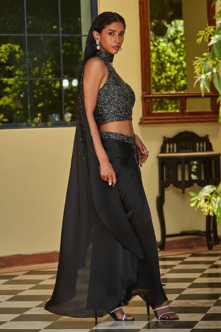 Bohame_Black Satin, Chiffon Cut Work, Sequins, Embroidered Draped Blouse And Skirt Set _at_Aza_Fashions