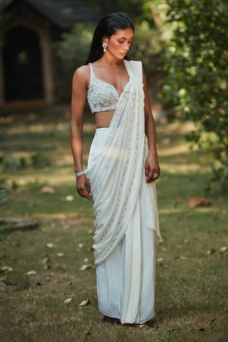 Bohame Off White Cotton, Crepe Cut Work, Beads Embroidered Pre-draped Saree And Blouse Online at Aza Fashions Bohame_Off White Cotton, Crepe Cut Work, Beads Embroidered Pre-draped Saree And Blouse _Online_at_Aza_Fashions