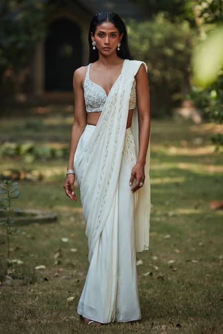 Buy Bohame Off White Cotton, Crepe Cut Work, Beads Embroidered Pre-draped Saree And Blouse Online at Aza Fashions Buy_Bohame_Off White Cotton, Crepe Cut Work, Beads Embroidered Pre-draped Saree And Blouse _Online_at_Aza_Fashions