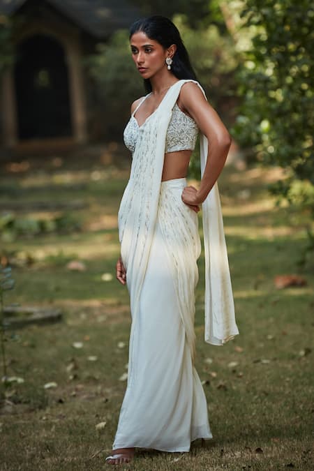 Shop Bohame Off White Cotton, Crepe Cut Work, Beads Embroidered Pre-draped Saree And Blouse Online at Aza Fashions Shop_Bohame_Off White Cotton, Crepe Cut Work, Beads Embroidered Pre-draped Saree And Blouse _Online_at_Aza_Fashions