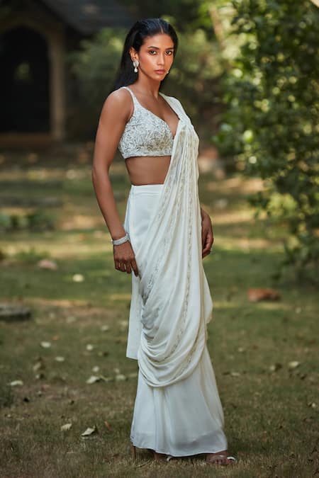 Bohame Off White Cotton, Crepe Cut Work, Beads Embroidered Pre-draped Saree And Blouse at Aza Fashions Bohame_Off White Cotton, Crepe Cut Work, Beads Embroidered Pre-draped Saree And Blouse _at_Aza_Fashions