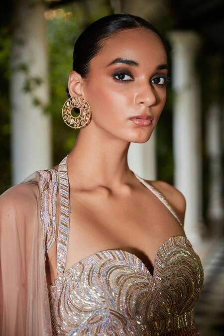 Buy_Bohame_Gold , Satin, Net Sequins, Cut Champagne Raw Embroidered Lehenga Set _Online_at_Aza_Fashions