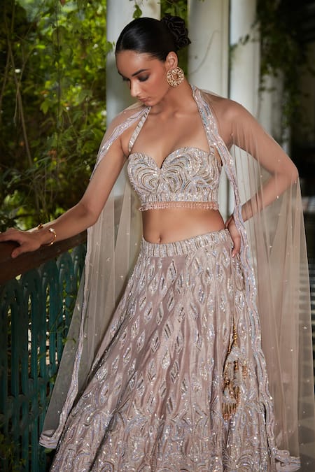 Bohame_Gold , Satin, Net Sequins, Cut Champagne Raw Embroidered Lehenga Set _at_Aza_Fashions