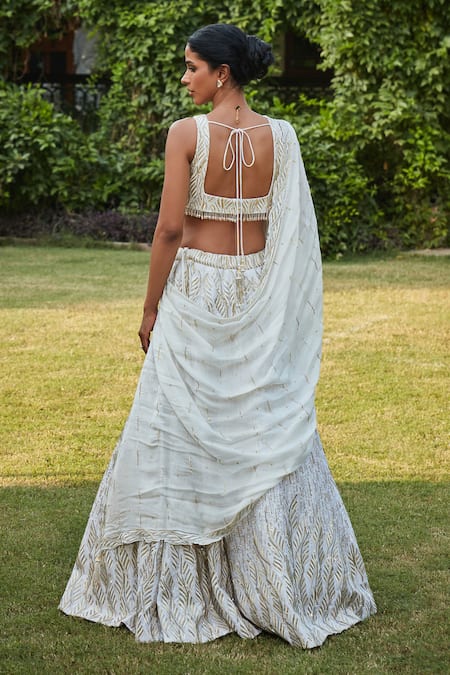 Bohame Zardozi Embroidered Off White Lehenga Set 