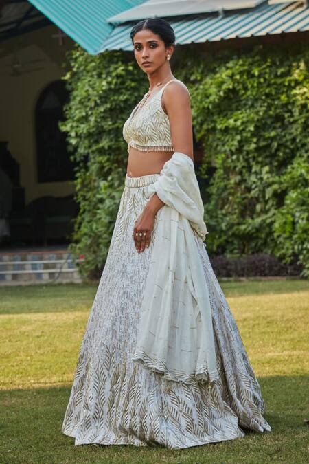 Bohame_Off White Silk, Net Zari Asymmetric Zardozi Embroidered Lehenga Set _Online_at_Aza_Fashions