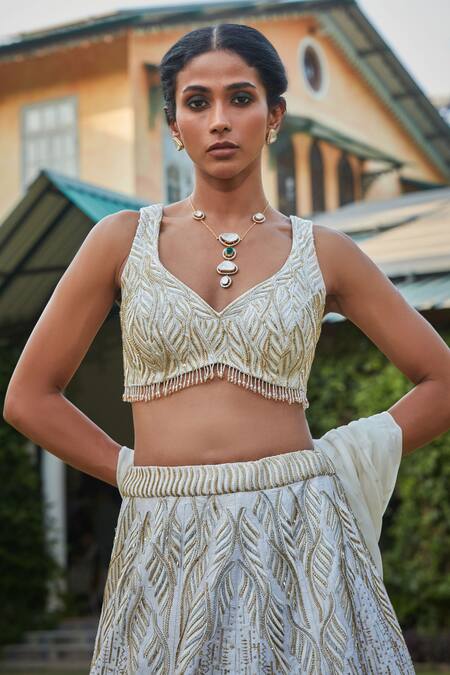 Buy_Bohame_Off White Silk, Net Zari Asymmetric Zardozi Embroidered Lehenga Set _Online_at_Aza_Fashions
