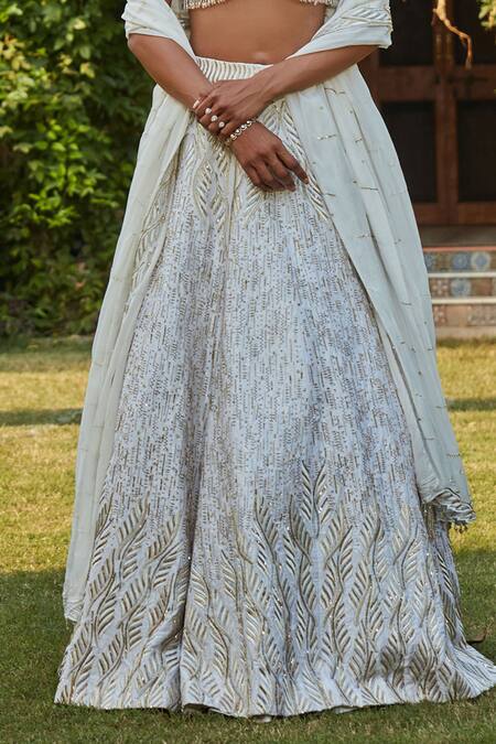 Shop_Bohame_Off White Silk, Net Zari Asymmetric Zardozi Embroidered Lehenga Set _Online_at_Aza_Fashions