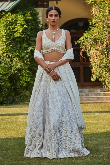 Bohame_Off White Silk, Net Zari Asymmetric Zardozi Embroidered Lehenga Set _at_Aza_Fashions
