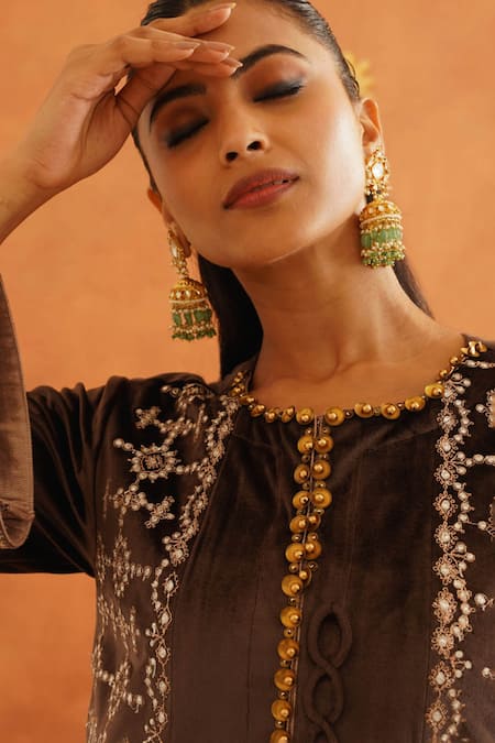 Shop Inej Brown Velvet Sequins, Beads, Tassels Round Neck Floral Embroidered Anarkali Set Online at Aza Fashions Shop_Inej_Brown Velvet Sequins, Beads, Tassels Round Neck Floral Embroidered Anarkali Set _Online_at_Aza_Fashions