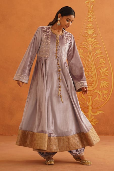 Inej_Purple Velvet Sequins, Beads, Tassels Embroidered Anarkali Set With Dupatta _Online_at_Aza_Fashions