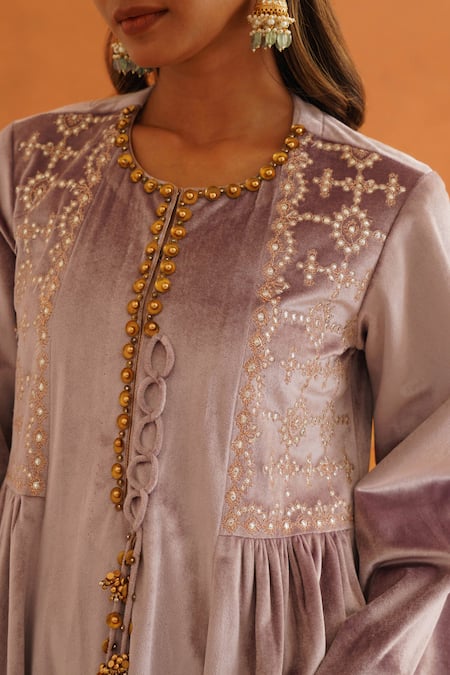 Shop_Inej_Purple Velvet Sequins, Beads, Tassels Embroidered Anarkali Set With Dupatta _Online_at_Aza_Fashions
