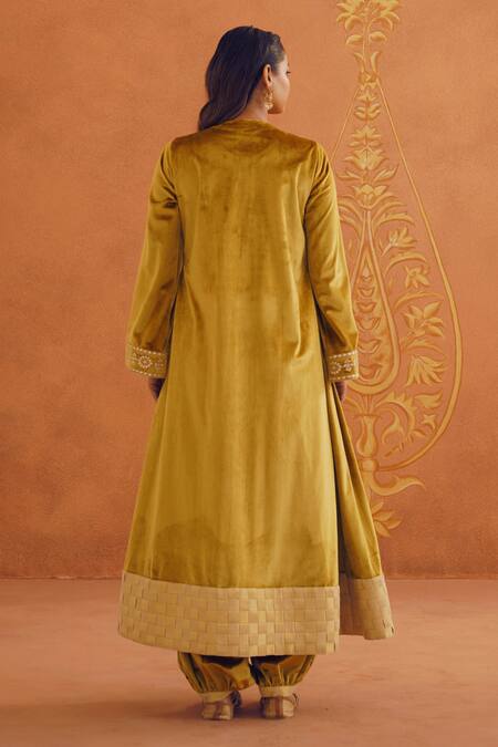 Shop_Inej_Yellow Velvet Tassels, Beads, Sequins Round Neck Floral Embroidered Anarkali Set _at_Aza_Fashions