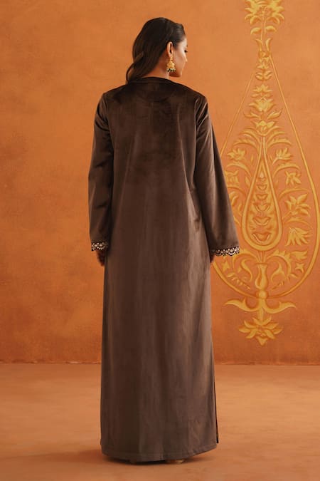 Shop_Inej_Brown Velvet Tassels Round Neck Floral Embroidered Maxi Dress _at_Aza_Fashions
