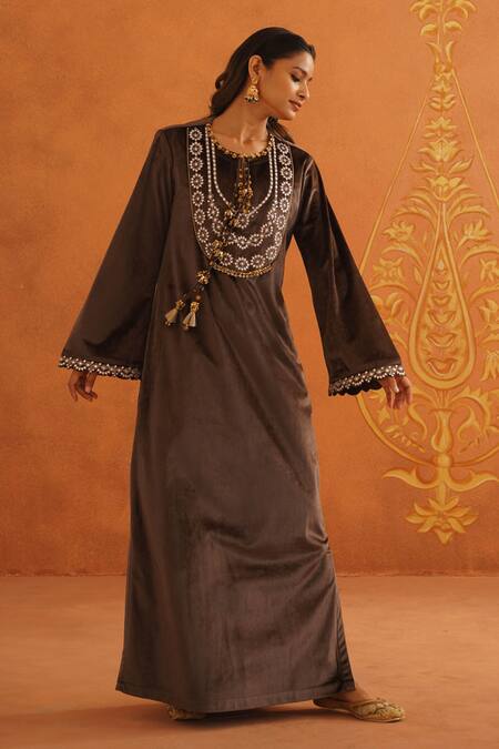 Inej_Brown Velvet Tassels Round Neck Floral Embroidered Maxi Dress _Online_at_Aza_Fashions