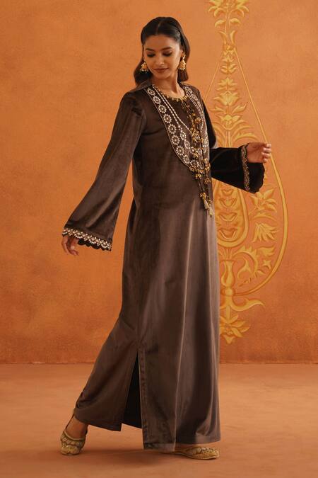 Buy_Inej_Brown Velvet Tassels Round Neck Floral Embroidered Maxi Dress _Online_at_Aza_Fashions
