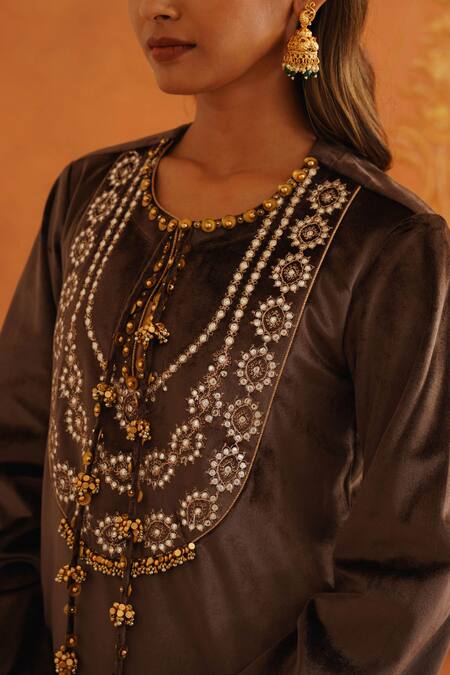 Shop_Inej_Brown Velvet Tassels Round Neck Floral Embroidered Maxi Dress _Online_at_Aza_Fashions