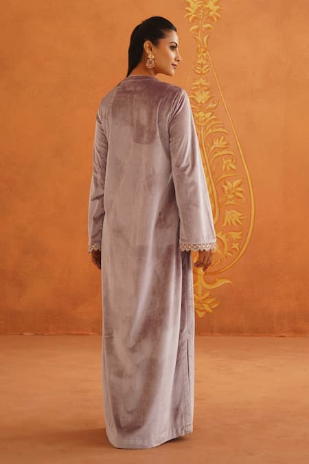 Shop_Inej_Purple Velvet Tassels, Gota Patti Round Neck Floral Embroidered Maxi Dress _at_Aza_Fashions