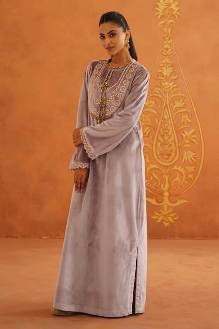 Inej_Purple Velvet Tassels, Gota Patti Round Neck Floral Embroidered Maxi Dress _Online_at_Aza_Fashions