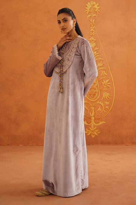 Buy_Inej_Purple Velvet Tassels, Gota Patti Round Neck Floral Embroidered Maxi Dress _Online_at_Aza_Fashions