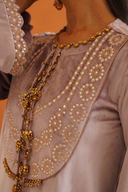 Shop_Inej_Purple Velvet Tassels, Gota Patti Round Neck Floral Embroidered Maxi Dress _Online_at_Aza_Fashions