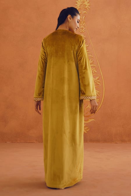 Shop_Inej_Yellow Velvet Tassels Round Neck Floral Embroidered Mustard Maxi Dress _at_Aza_Fashions