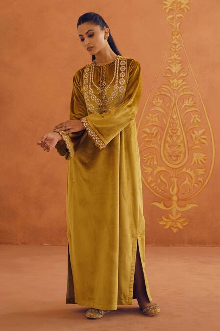 Inej_Yellow Velvet Tassels Round Neck Floral Embroidered Mustard Maxi Dress _Online_at_Aza_Fashions