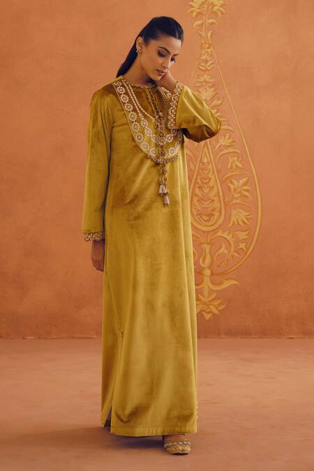 Buy_Inej_Yellow Velvet Tassels Round Neck Floral Embroidered Mustard Maxi Dress _Online_at_Aza_Fashions