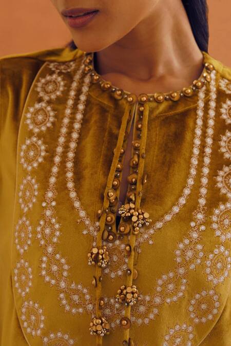 Shop_Inej_Yellow Velvet Tassels Round Neck Floral Embroidered Mustard Maxi Dress _Online_at_Aza_Fashions