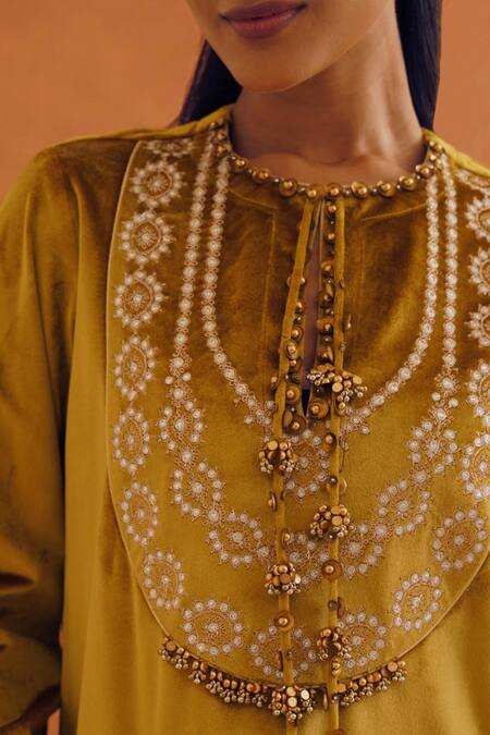 Inej_Yellow Velvet Tassels Round Neck Floral Embroidered Mustard Maxi Dress _at_Aza_Fashions